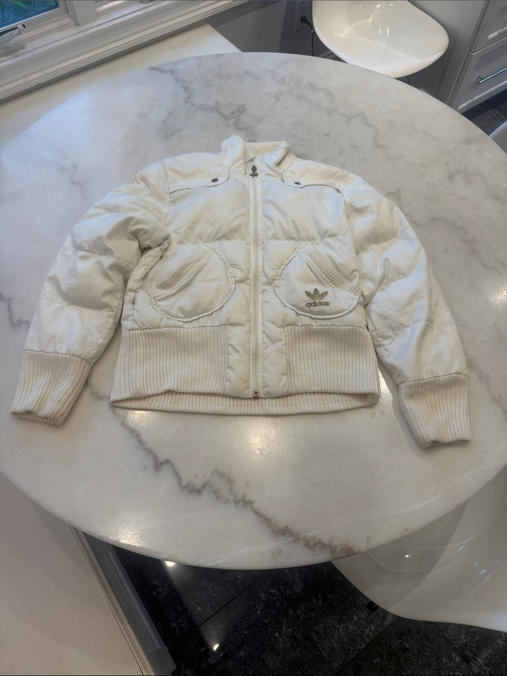 adidas Women's Cream White Quilted Puffer Jacket with Ribbed Hem